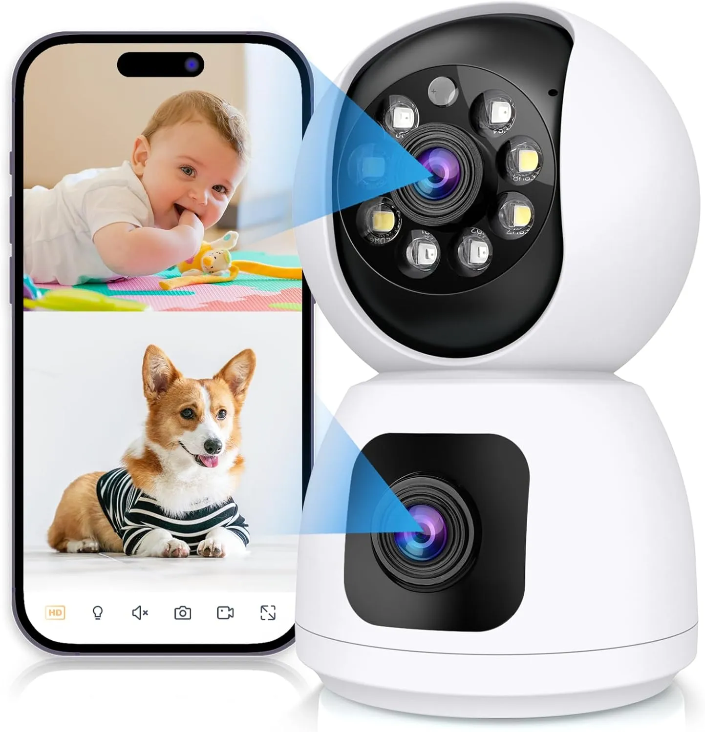 2K Dual Lens Indoor Security Camera, 2.4GHz WiFi Indoor Camera for Home Security, Baby/Pet Camera Indoor with Night Vision, Motion Detection, Two-Way Audio, Siren, Cloud & SD Card Storage