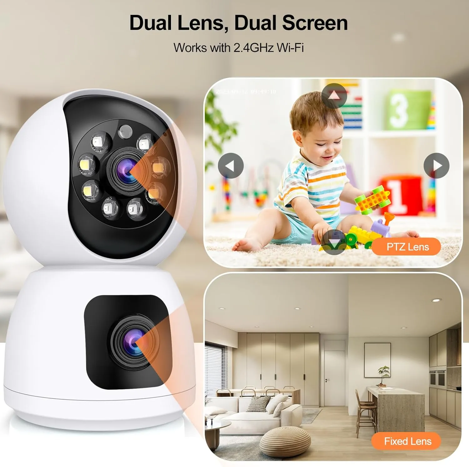 2K Dual Lens Indoor Security Camera, 2.4GHz WiFi Indoor Camera for Home Security, Baby/Pet Camera Indoor with Night Vision, Motion Detection, Two-Way Audio, Siren, Cloud & SD Card Storage