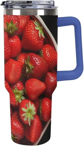 40 Oz Vacuum Tumbler with Deep Blue Handle Leakproof Insulated Tumbler Strawberries in Bowl Stainless Steel Travel Mug with Lid And Straw Coffee Cup Cute Water Bottles Cup Holder Friendly