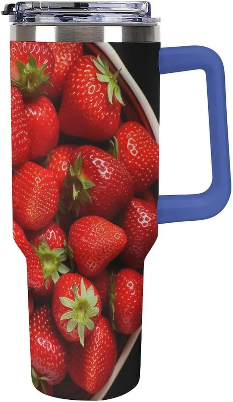 40 Oz Vacuum Tumbler with Deep Blue Handle Leakproof Insulated Tumbler Strawberries in Bowl Stainless Steel Travel Mug with Lid And Straw Coffee Cup Cute Water Bottles Cup Holder Friendly