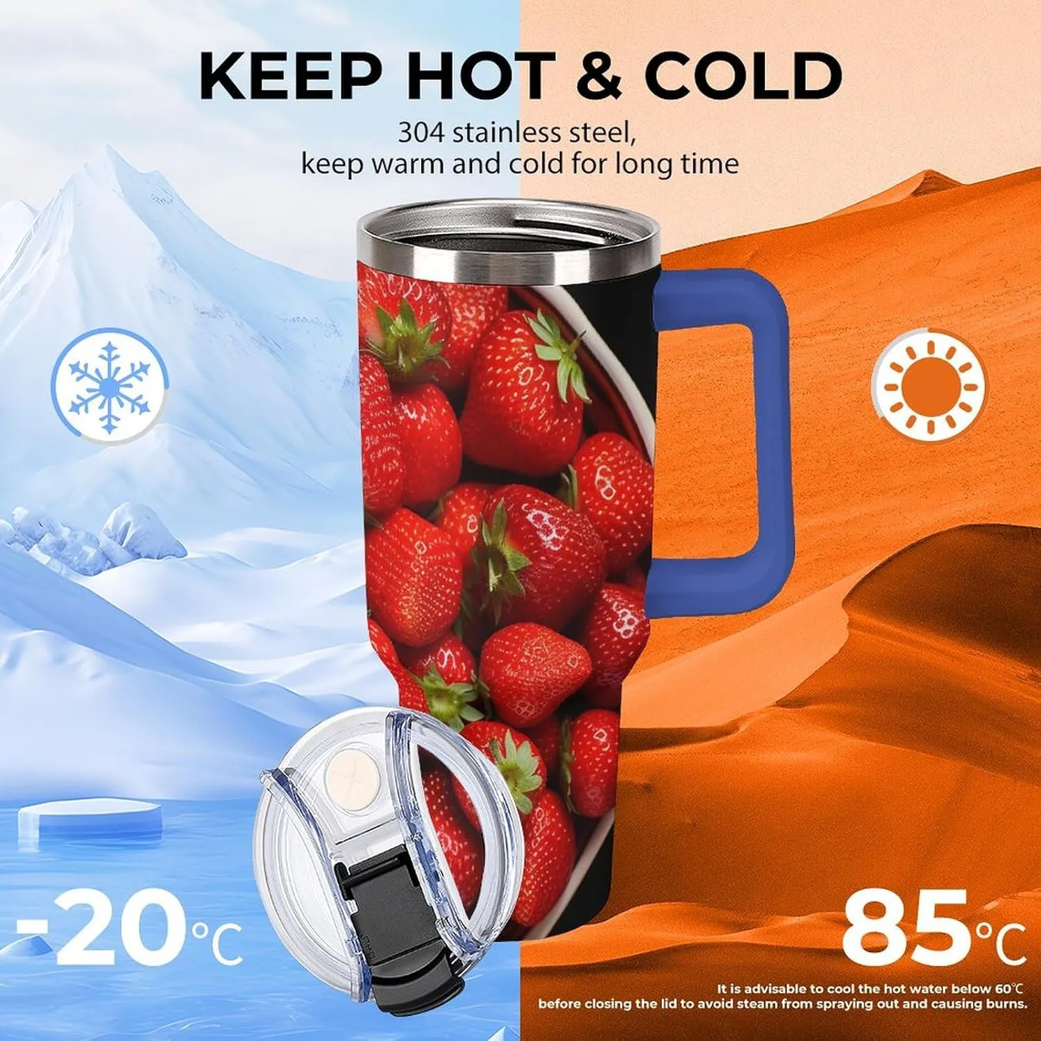 40 Oz Vacuum Tumbler with Deep Blue Handle Leakproof Insulated Tumbler Strawberries in Bowl Stainless Steel Travel Mug with Lid And Straw Coffee Cup Cute Water Bottles Cup Holder Friendly