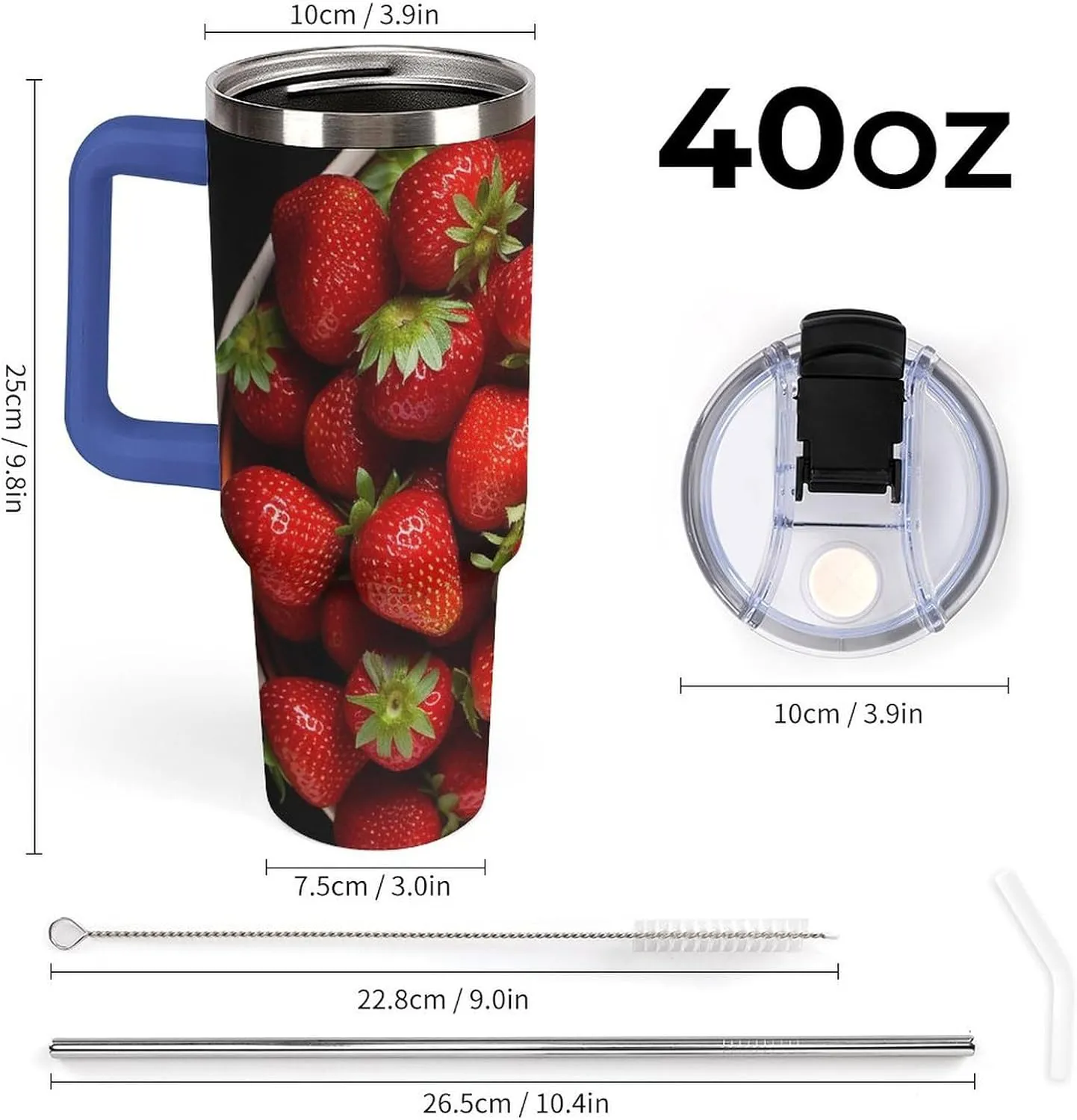 40 Oz Vacuum Tumbler with Deep Blue Handle Leakproof Insulated Tumbler Strawberries in Bowl Stainless Steel Travel Mug with Lid And Straw Coffee Cup Cute Water Bottles Cup Holder Friendly