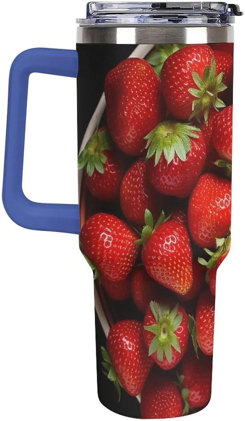 40 Oz Vacuum Tumbler with Deep Blue Handle Leakproof Insulated Tumbler Strawberries in Bowl Stainless Steel Travel Mug with Lid And Straw Coffee Cup Cute Water Bottles Cup Holder Friendly