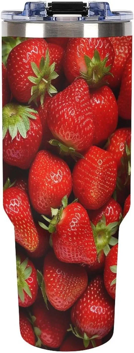 40 Oz Vacuum Tumbler with Deep Blue Handle Leakproof Insulated Tumbler Strawberries in Bowl Stainless Steel Travel Mug with Lid And Straw Coffee Cup Cute Water Bottles Cup Holder Friendly