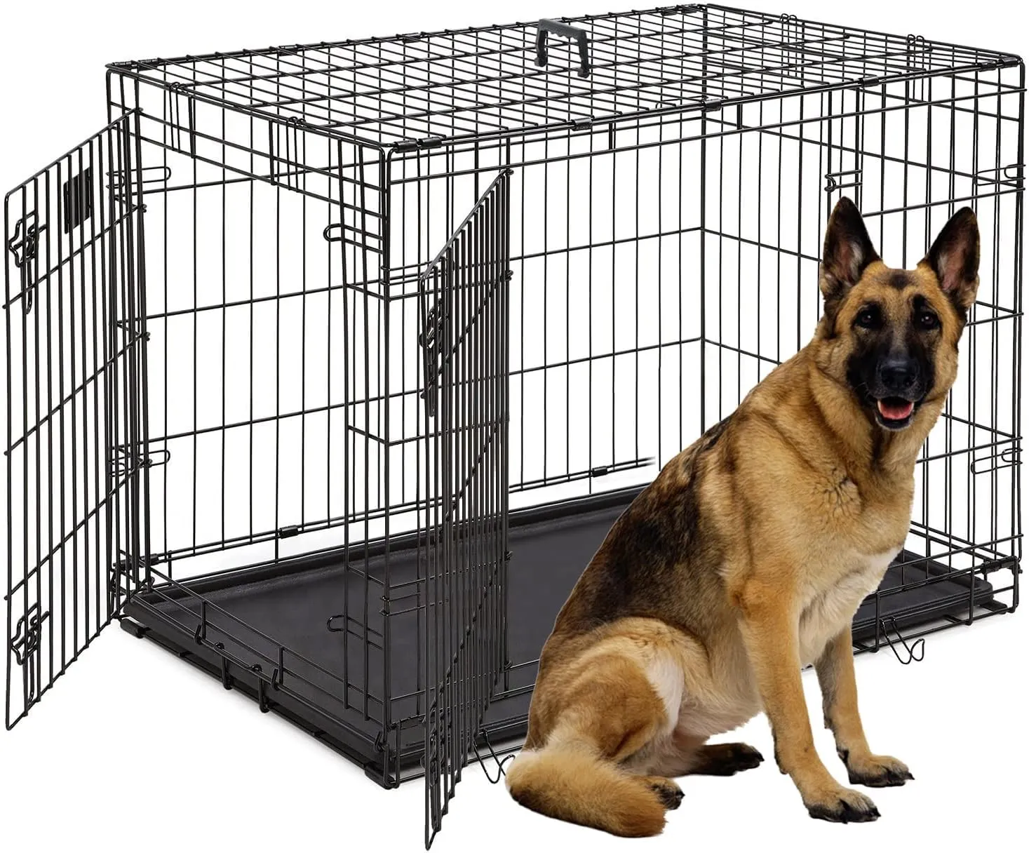 48-Inch Double Door Folding Metal Dog Crate with Divider and Leak-Proof Pan - For Medium to Large Breed Dogs