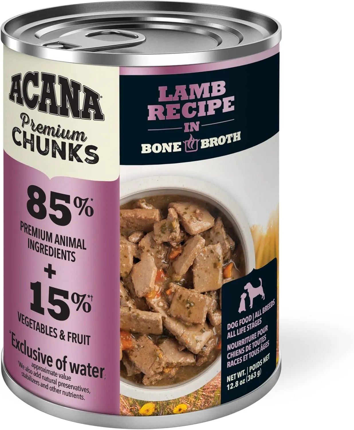 ACANA Premium Chunks Wet Dog Food, Lamb Recipe in Beef Bone Broth and beef liver, 12.8oz (Case of 12)