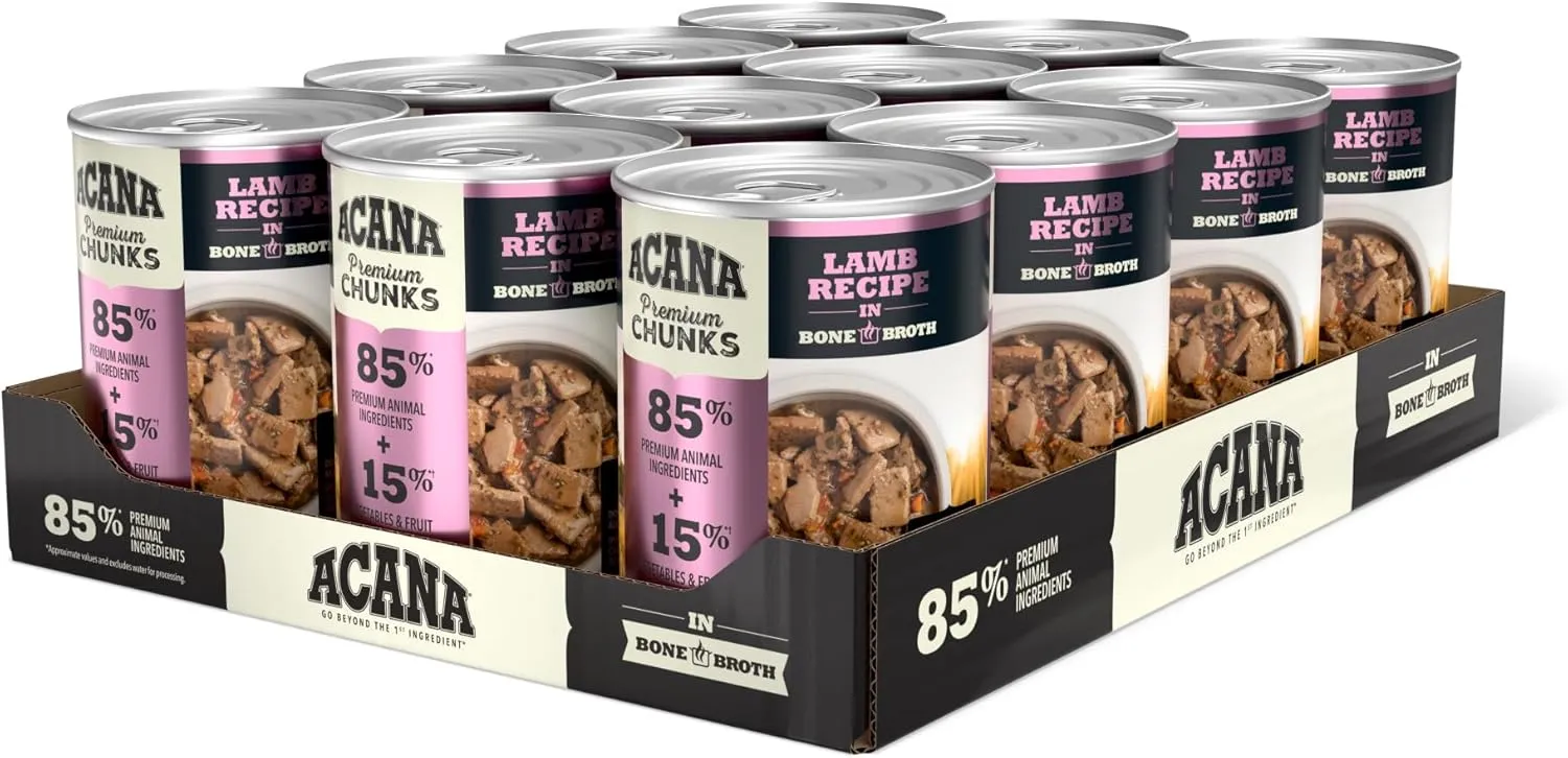 ACANA Premium Chunks Wet Dog Food, Lamb Recipe in Beef Bone Broth and beef liver, 12.8oz (Case of 12)