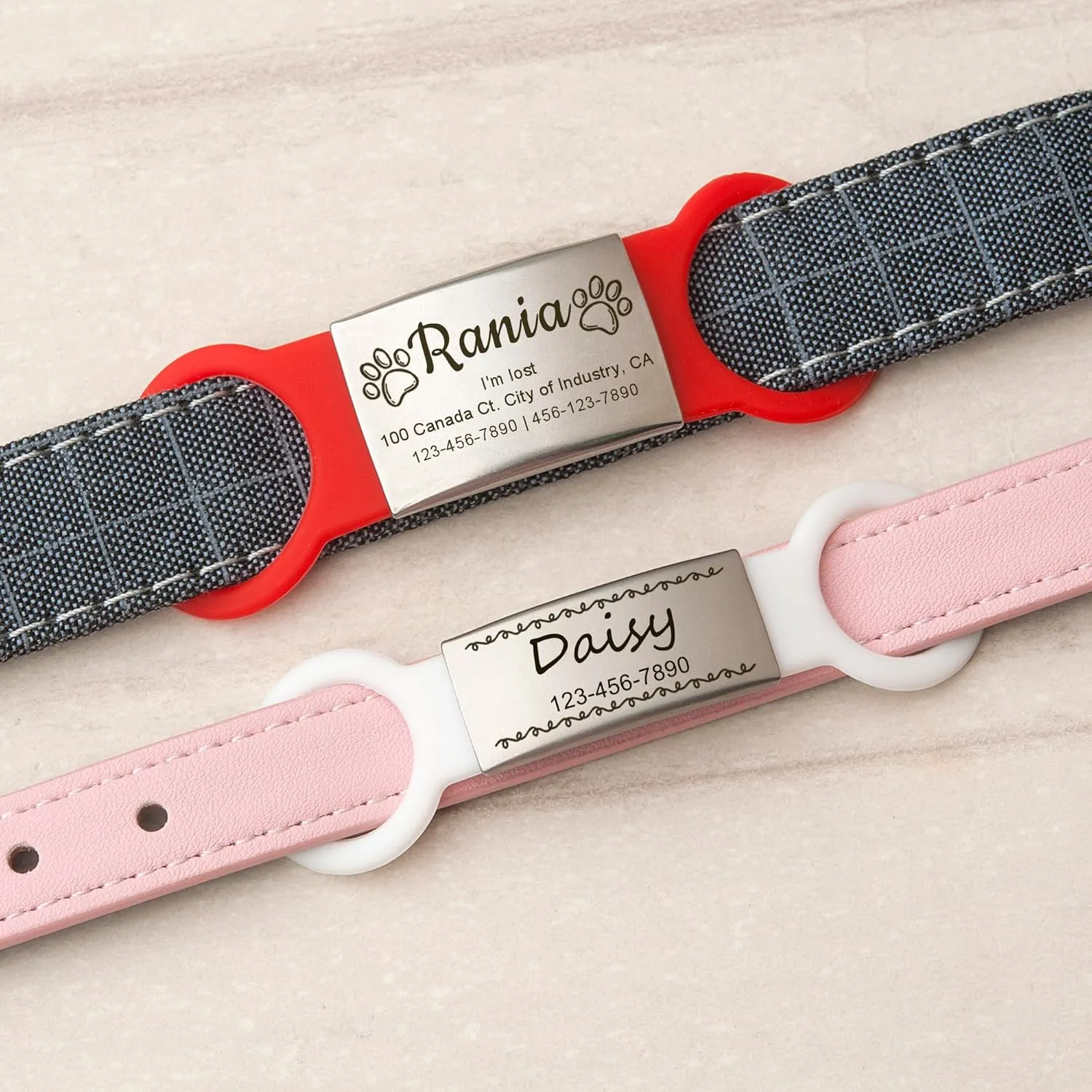 Anavia Slide On Silent Pet ID Tags Cat Dog Name Tags, Fun Wild Flower Design Silicone Band Personalized Engraved Stainless Steel Tag, Customized Chew-Proof Quiet Dog Collar Tags (Medium, Pink)