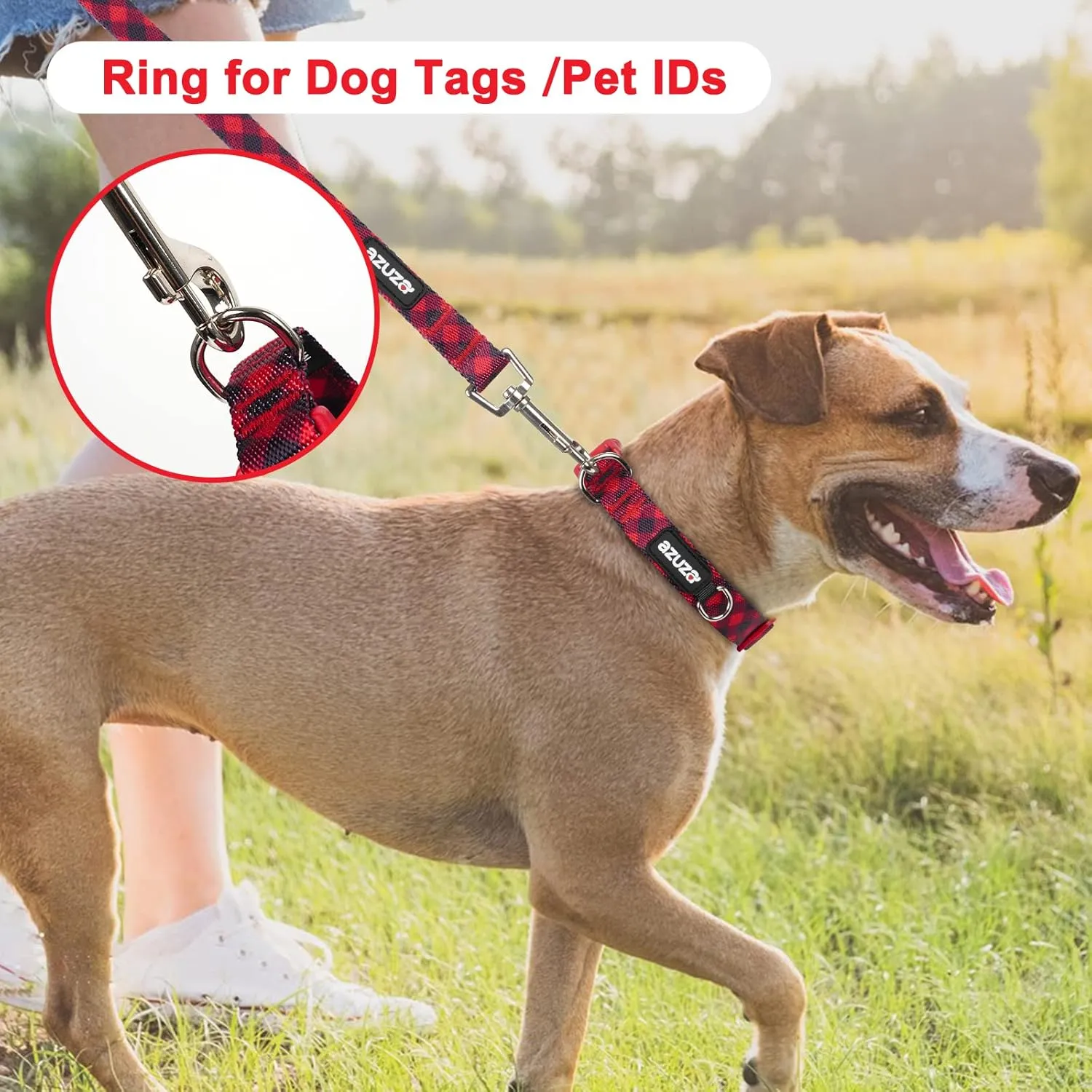 azuza 3 Pack Christmas Nylon Dog Collars Buffalo Check Durable and Comfortable Dog Collars with ID Tag Ring Adjustable for Large Dogs, L (18-26inch)