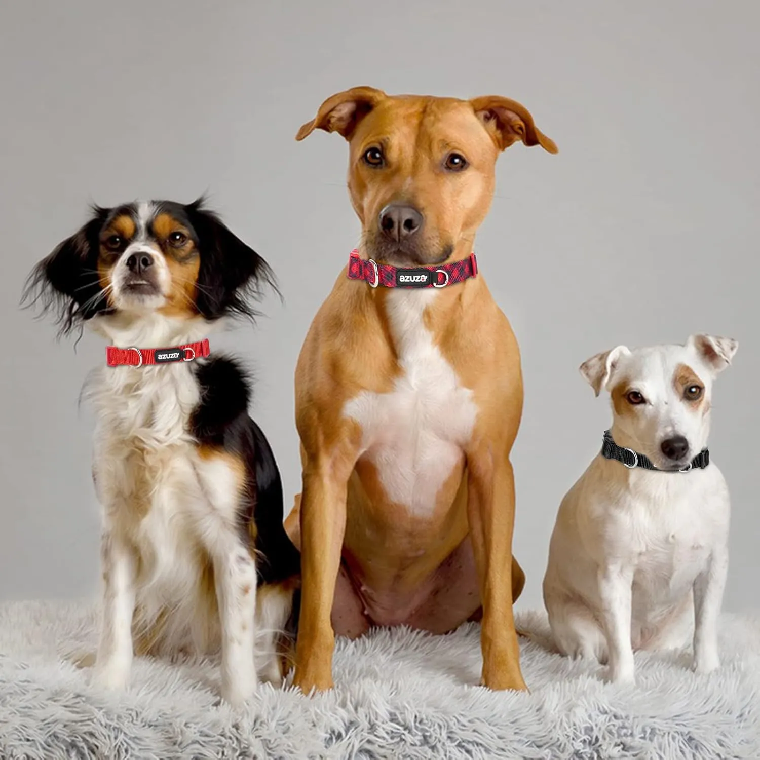 azuza 3 Pack Christmas Nylon Dog Collars Buffalo Check Durable and Comfortable Dog Collars with ID Tag Ring Adjustable for Large Dogs, L (18-26inch)