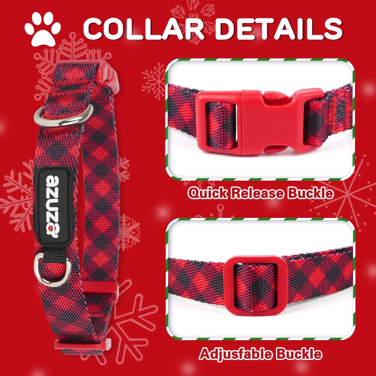 azuza 3 Pack Christmas Nylon Dog Collars Buffalo Check Durable and Comfortable Dog Collars with ID Tag Ring Adjustable for Large Dogs, L (18-26inch)