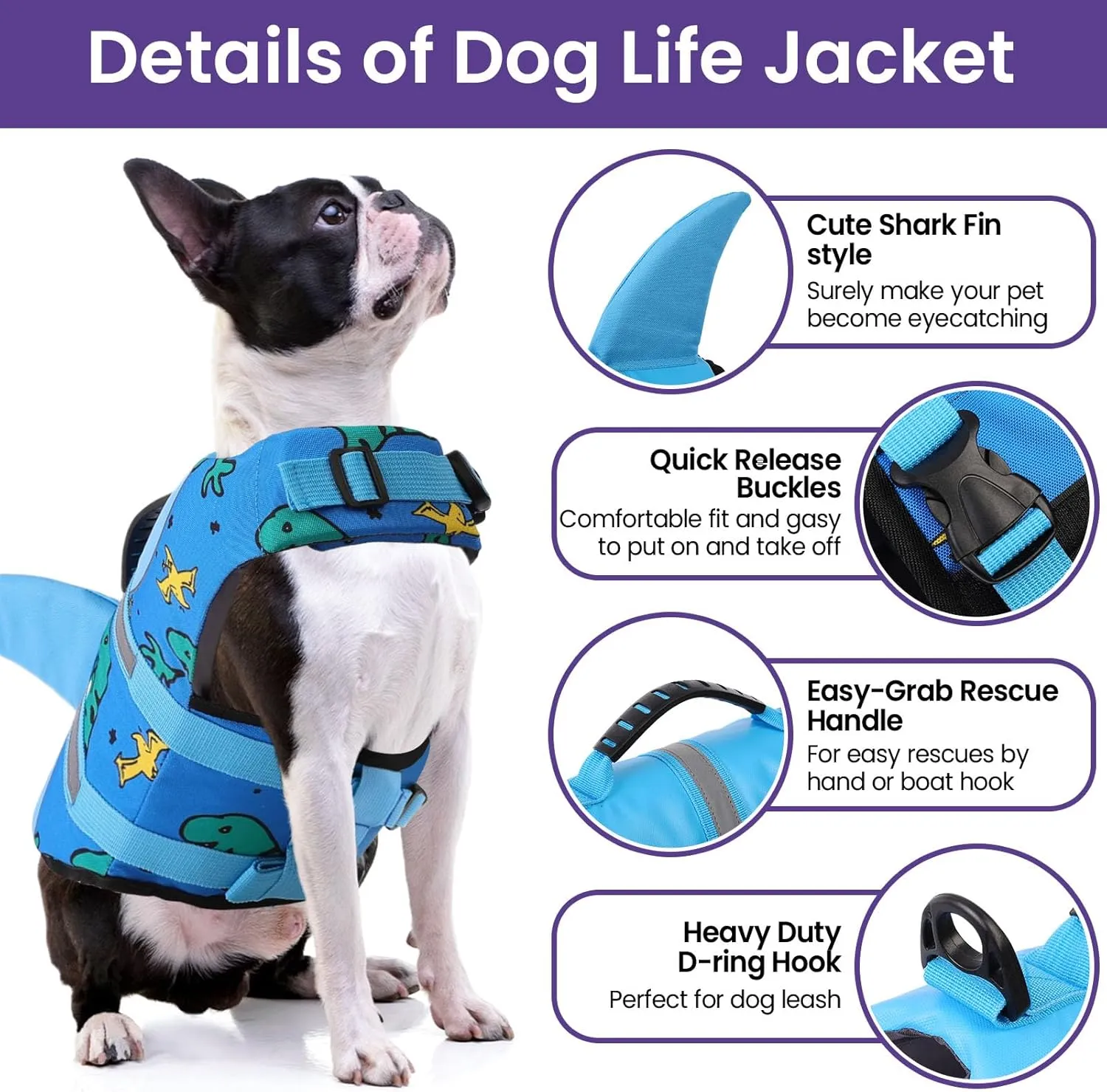 Bess Bridal Dog Life Jacket - Shark Life Vest for Swimming Boating - Reflective Lifejacket Swimsuit for Small Medium Large Dogs - High Buoyancy Lifesaver Preserver with Rescue Handle, Blue Dinosaur M