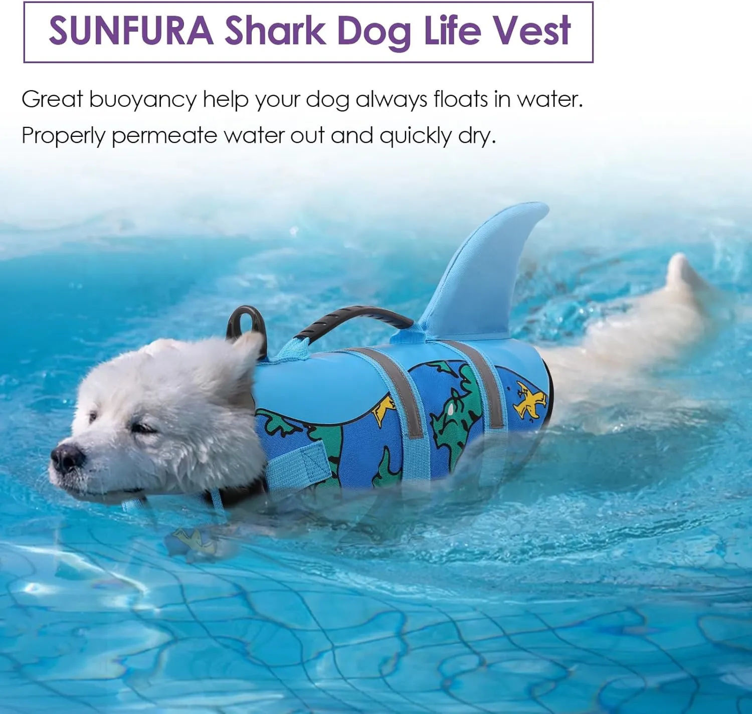 Bess Bridal Dog Life Jacket - Shark Life Vest for Swimming Boating - Reflective Lifejacket Swimsuit for Small Medium Large Dogs - High Buoyancy Lifesaver Preserver with Rescue Handle, Blue Dinosaur M