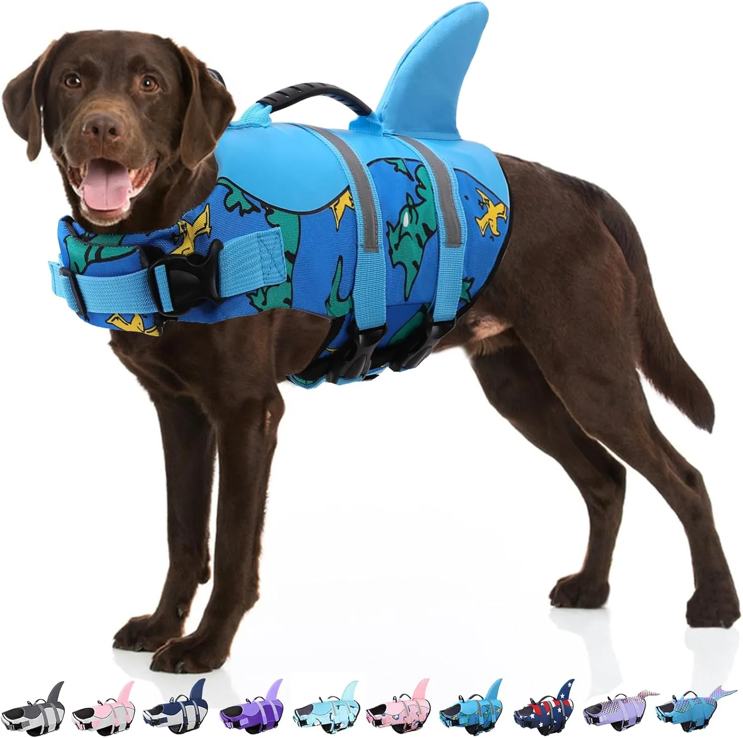 Bess Bridal Dog Life Jacket - Shark Life Vest for Swimming Boating - Reflective Lifejacket Swimsuit for Small Medium Large Dogs - High Buoyancy Lifesaver Preserver with Rescue Handle, Blue Dinosaur M