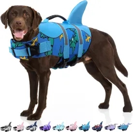 Bess Bridal Dog Life Jacket - Shark Life Vest for Swimming Boating - Reflective Lifejacket Swimsuit for Small Medium Large Dogs - High Buoyancy Lifesaver Preserver with Rescue Handle, Blue Dinosaur M