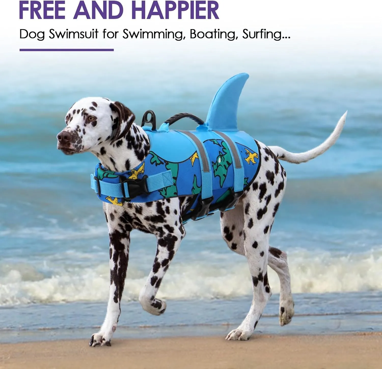 Bess Bridal Dog Life Jacket - Shark Life Vest for Swimming Boating - Reflective Lifejacket Swimsuit for Small Medium Large Dogs - High Buoyancy Lifesaver Preserver with Rescue Handle, Blue Dinosaur M