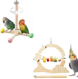 Bird Stand Perch Toy, Interactive Spinning Parakeet Toys & Bird Feeder Holder, Parrot Hanging Fruit Vegetable Feeding Toy, Wooden Parakeet Cage Accessories Foraging Toy