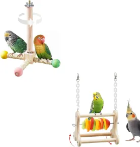 Bird Stand Perch Toy, Interactive Spinning Parakeet Toys & Bird Feeder Holder, Parrot Hanging Fruit Vegetable Feeding Toy, Wooden Parakeet Cage Accessories Foraging Toy