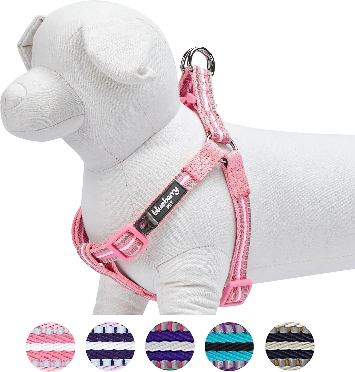 Blueberry Pet 5 Colors Step-in 3M Reflective Multi-Colored Stripe Padded Dog Harness, Chest Girth 16.5" - 21.5", Pink & White, Small, Adjustable Harnesses for Dogs