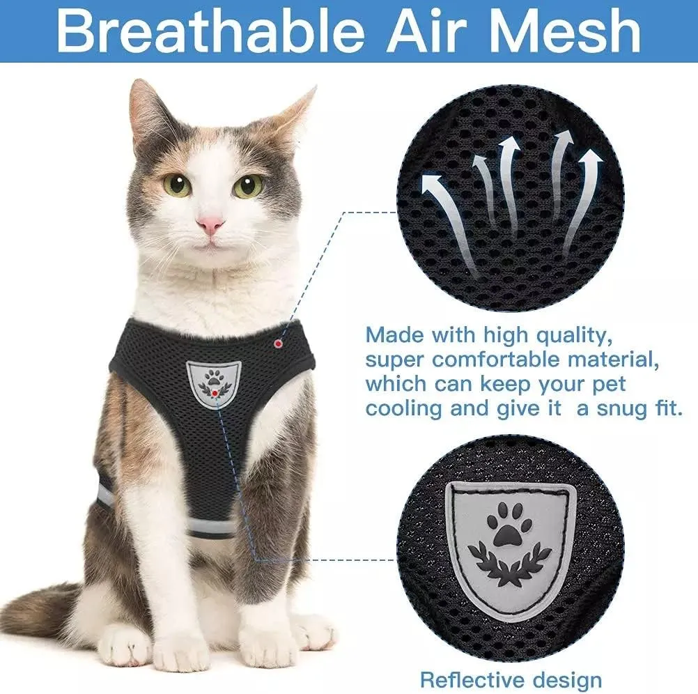 Breathable Cat Harness and Leash Escape Proof Pet Clothes Kitten Puppy Dogs Vest Adjustable Easy Control Reflective Cat Harness (Black, XL)