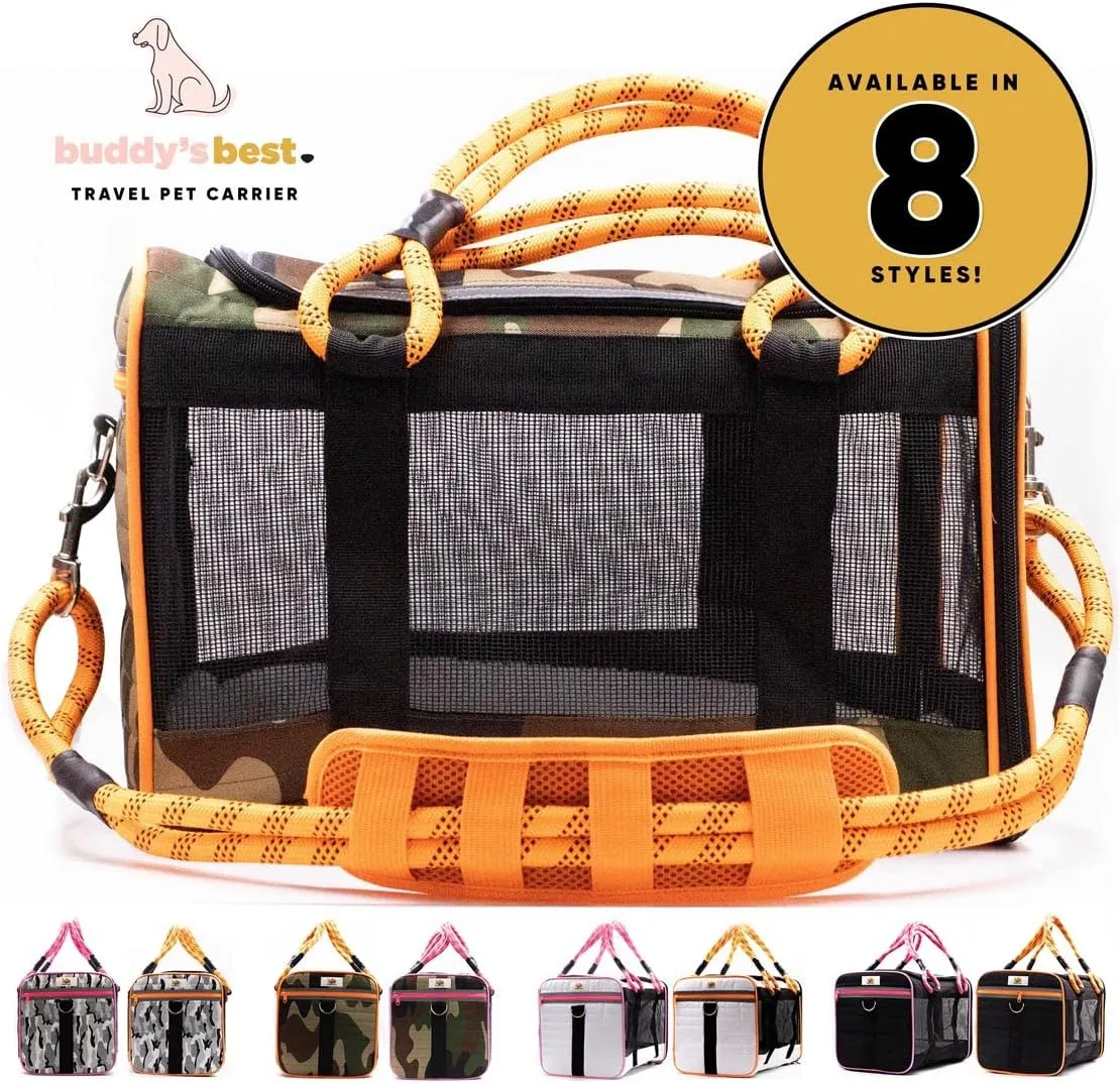 Buddy's Best Airline Approved Pet Carrier  Black & Orange Heavy Duty, Fits Under Seat, TSA Compliant, Ventilated Mesh Design w/Waterproof Base & Reflective Safety Strips