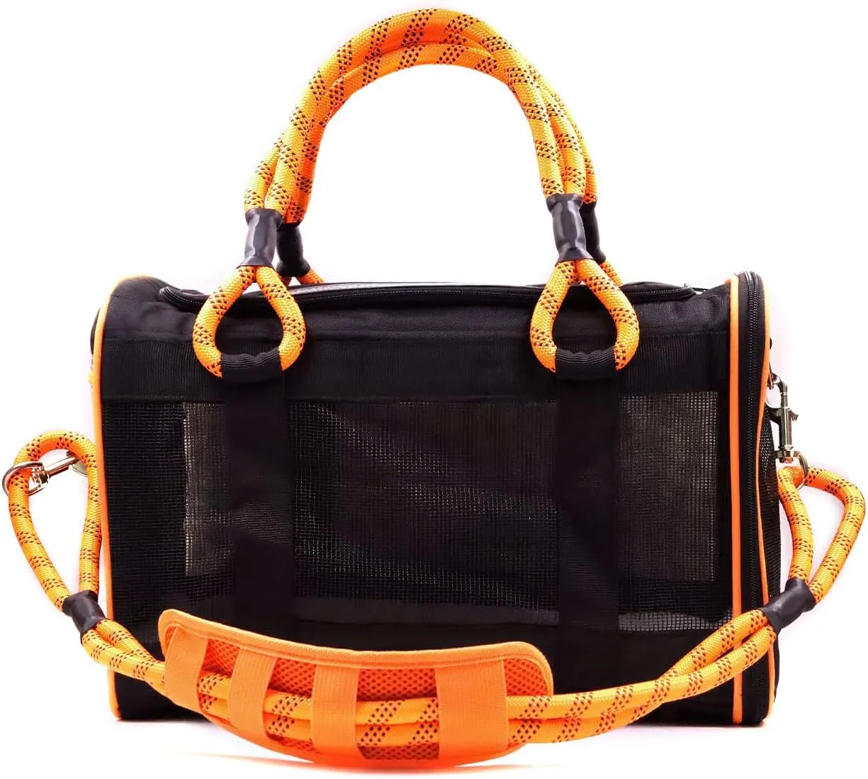 Buddy's Best Airline Approved Pet Carrier  Black & Orange Heavy Duty, Fits Under Seat, TSA Compliant, Ventilated Mesh Design w/Waterproof Base & Reflective Safety Strips