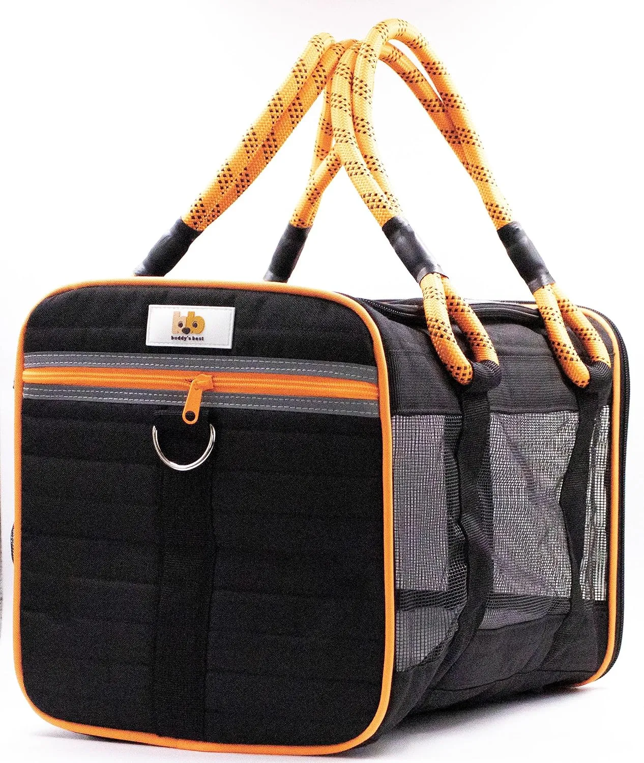 Buddy's Best Airline Approved Pet Carrier  Black & Orange Heavy Duty, Fits Under Seat, TSA Compliant, Ventilated Mesh Design w/Waterproof Base & Reflective Safety Strips
