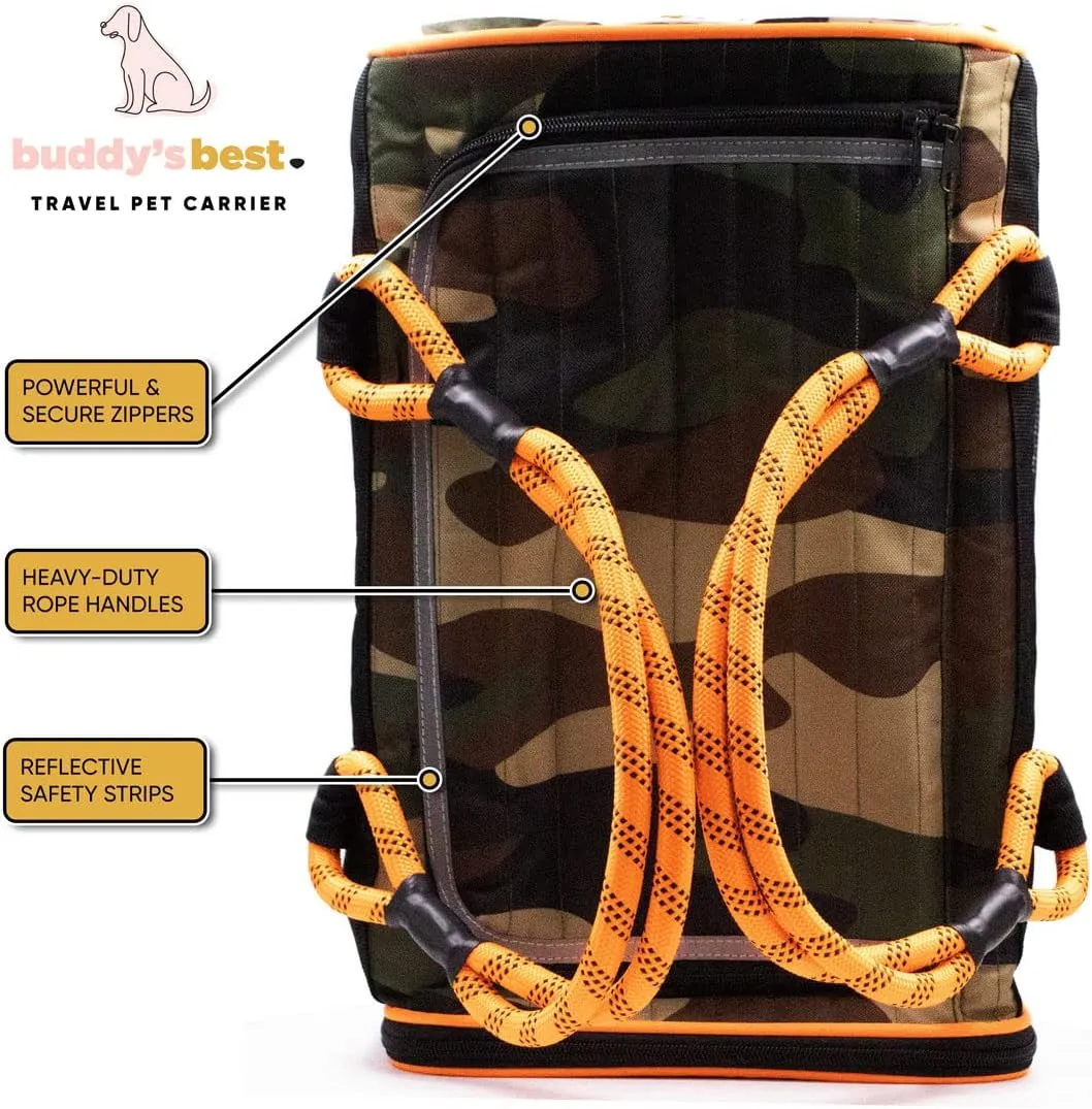 Buddy's Best Airline Approved Pet Carrier  Black & Orange Heavy Duty, Fits Under Seat, TSA Compliant, Ventilated Mesh Design w/Waterproof Base & Reflective Safety Strips