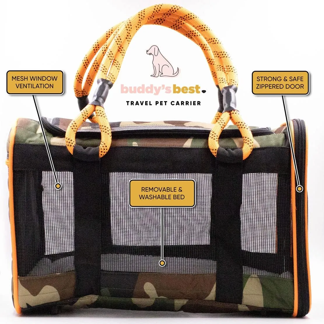 Buddy's Best Airline Approved Pet Carrier  Black & Orange Heavy Duty, Fits Under Seat, TSA Compliant, Ventilated Mesh Design w/Waterproof Base & Reflective Safety Strips