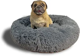 Calming Pet Bed - Round Fluppy Washable Small Bed for Dogs - Non-Slip Bottom, Faux Fur Cat Bed, Grey