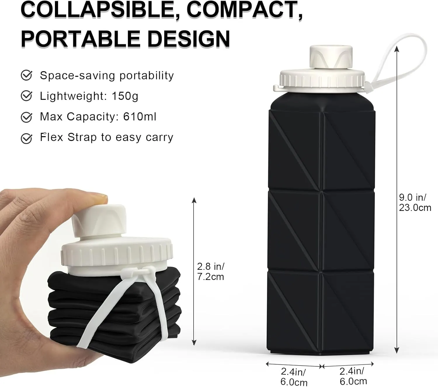 Collapsible Water Bottles 20.6oz, Silicone Foldable Portable Travel Water Bottle, Folding Lightweight Reusable Leakproof for Traveling Camping Hiking Cycling Yoga Sports Outdoor
