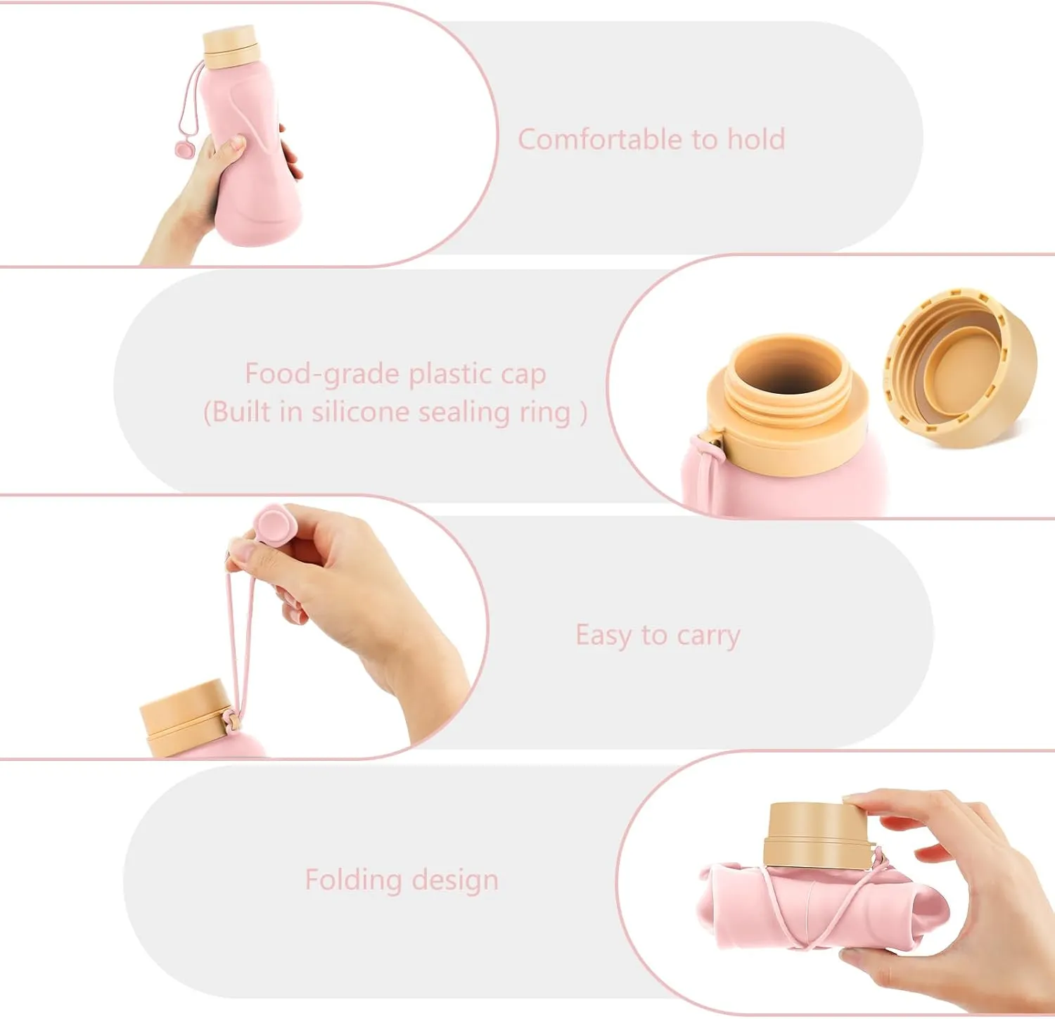 Collapsible Water Bottles,650ml,Leak Proof,Reuseable BPA Free Silicone Foldable Water Bottles,Durable Lightweight for Travel Gym Camping Hiking,Compact Size Portable Sports Water Bottle (Pink)