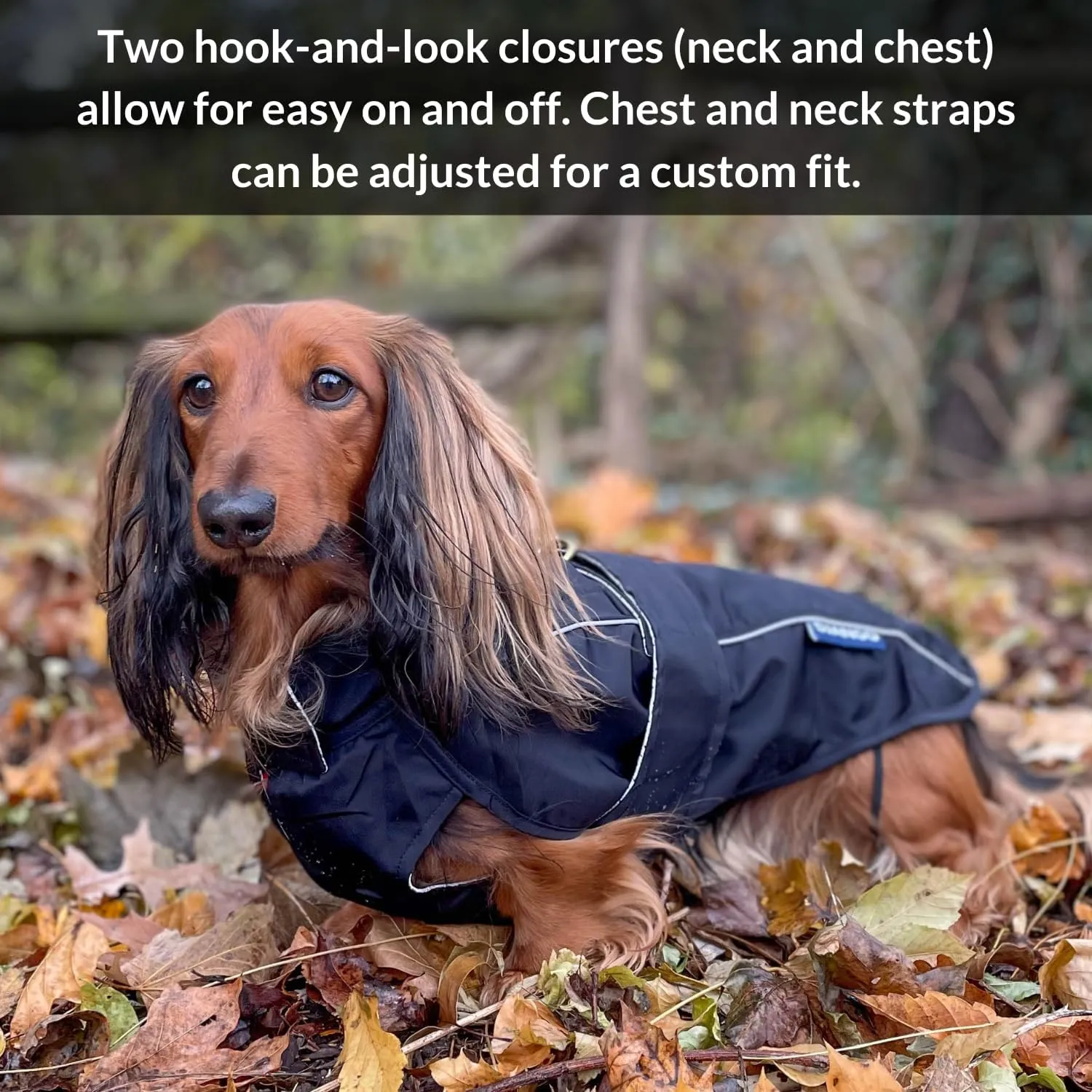 DJANGO City Slicker Waterproof Dog Raincoat and Lightweight Jacket for Long Dogs - Full Coverage Puppy Coat and Reflective Rain Slicker and Windbreaker - Adjustable with Harness Hole (Black, Large)