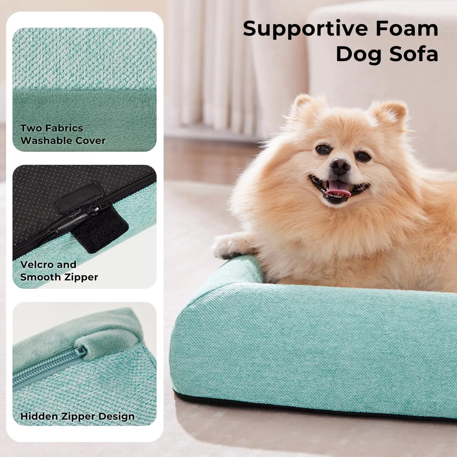 Dog Bed for Medium Size Dogs - Washable Orthopedic Medium Dog Sofa Bed with Removable Supportive Foam Bolster, Linen Waterproof Cover & Non Skid Bottom, Green