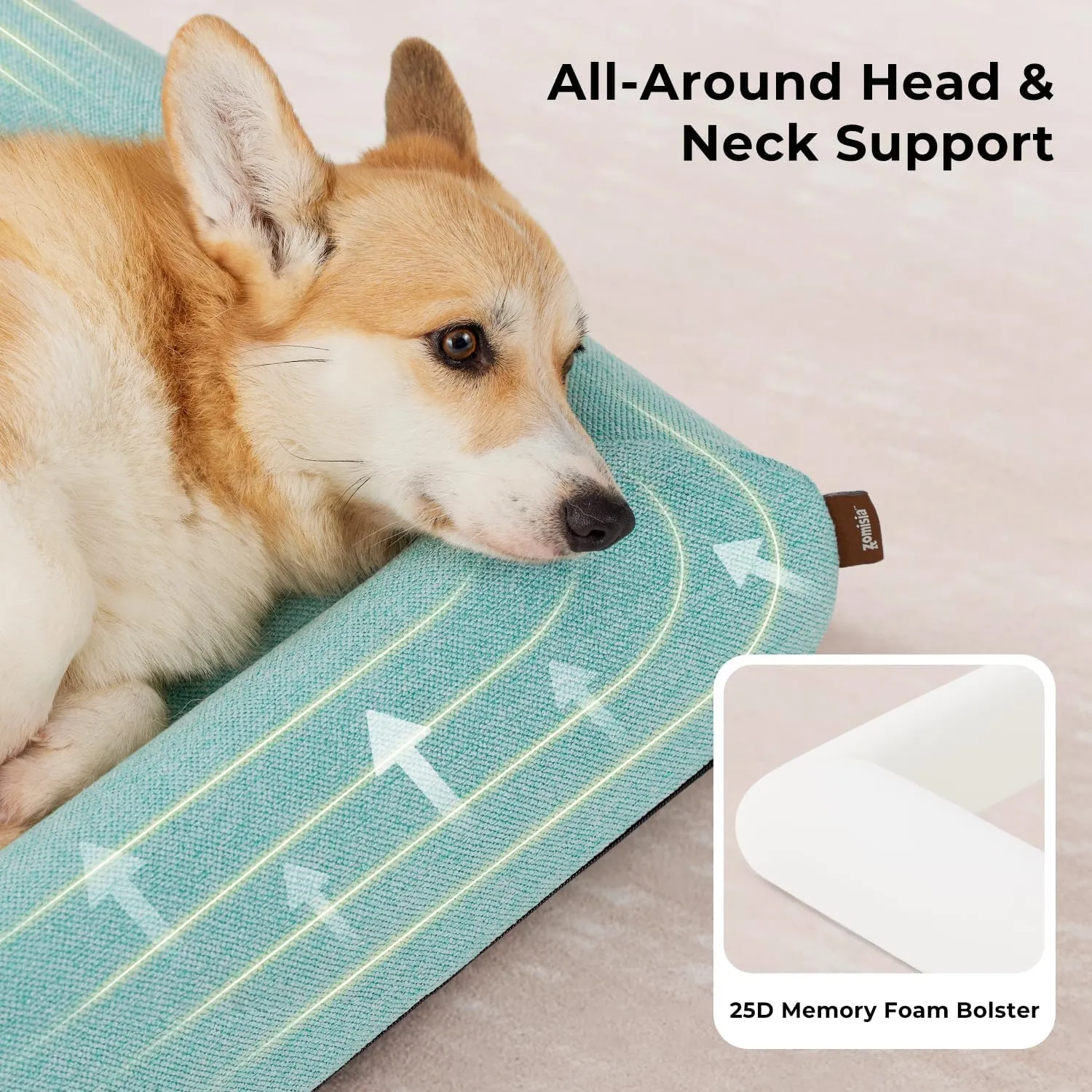 Dog Bed for Medium Size Dogs - Washable Orthopedic Medium Dog Sofa Bed with Removable Supportive Foam Bolster, Linen Waterproof Cover & Non Skid Bottom, Green