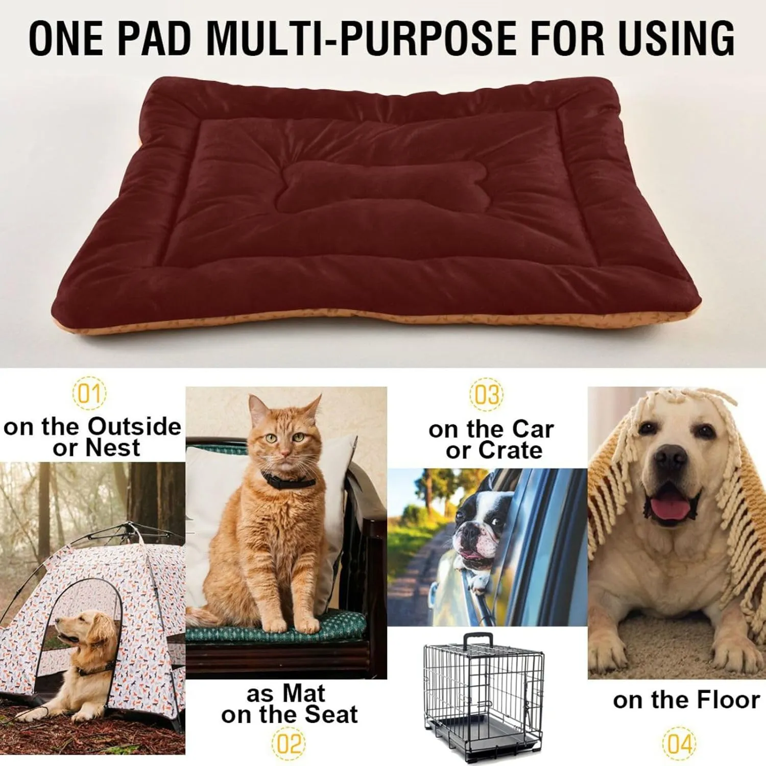 Dog Bed Mat Soft Comfortable Anti-Slip Bottom Pet Mat Washable Cat Kennel Crate Pad for Small Medium Large Pets 18x24in Burgundy