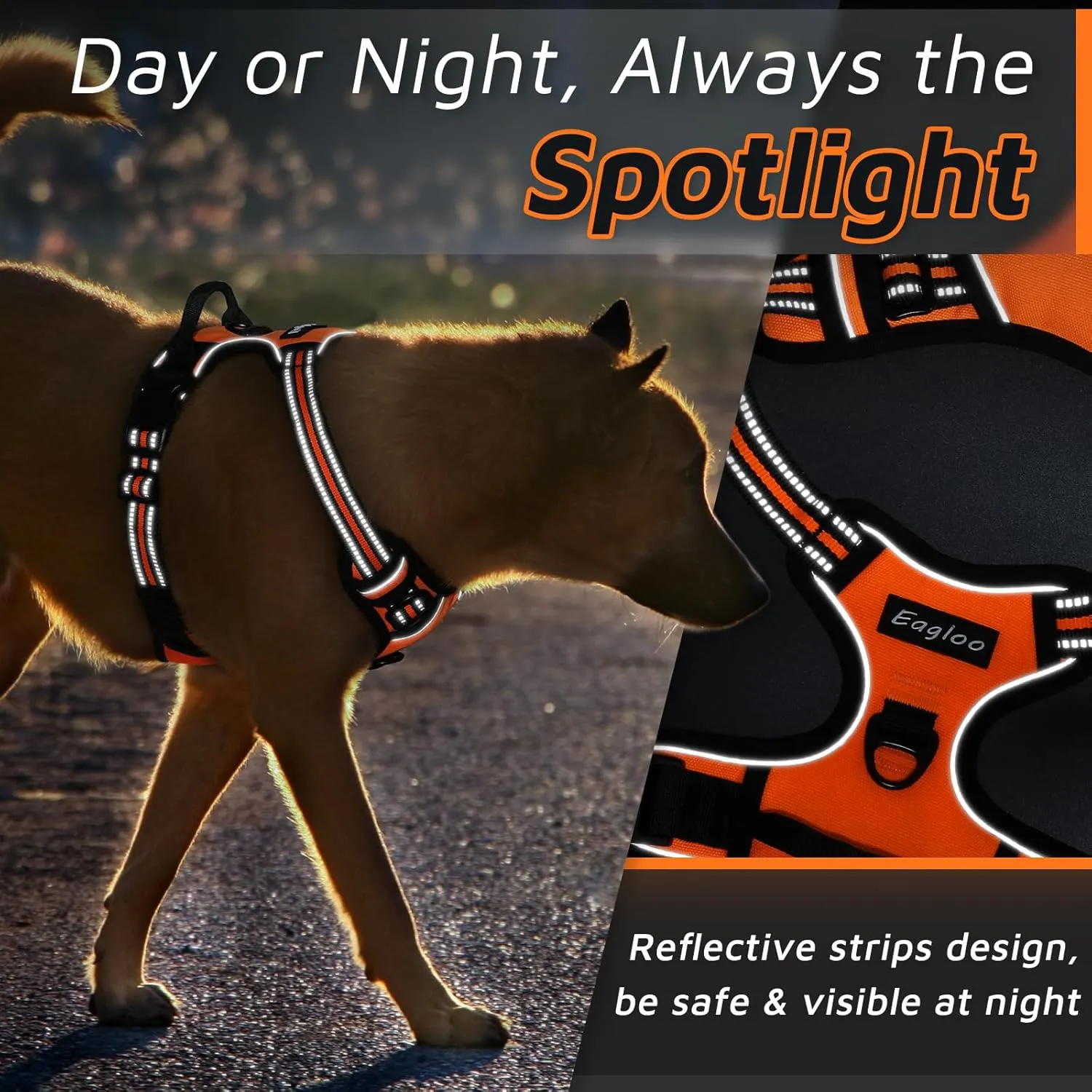 Eagloo Dog Harness Large Breed, No Pull Service Vest with Reflective Strips and Control Handle, Adjustable and Comfortable for Easy Walking, No Choke Pet Harness with 2 Metal Rings, Orange, XL