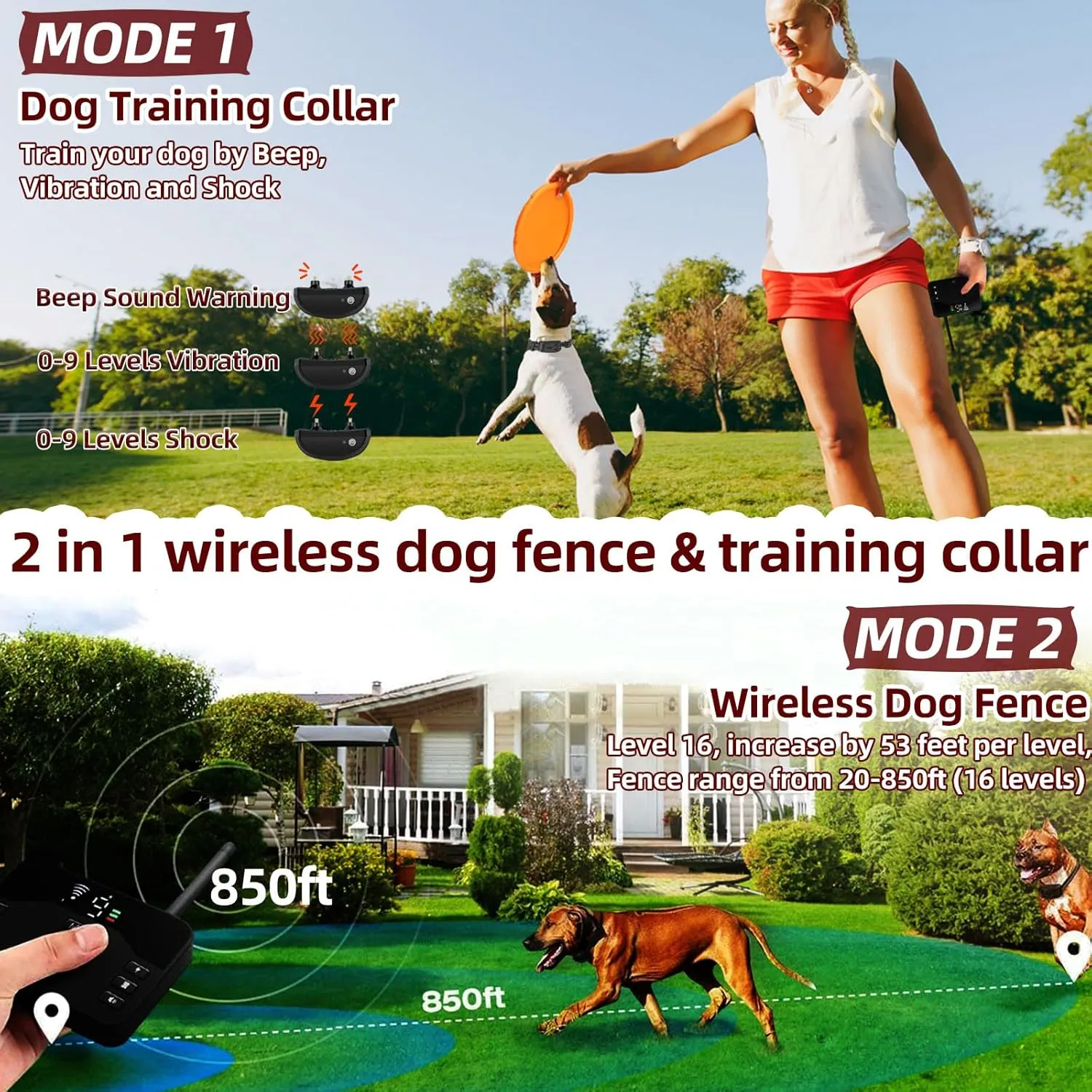 Electric Fence for 2 Dogs,2 in 1 Wireless Dog Fence System Training Shock Collar with Remote Control,Waterproof Perimeter Dog Collar Up to 985ft