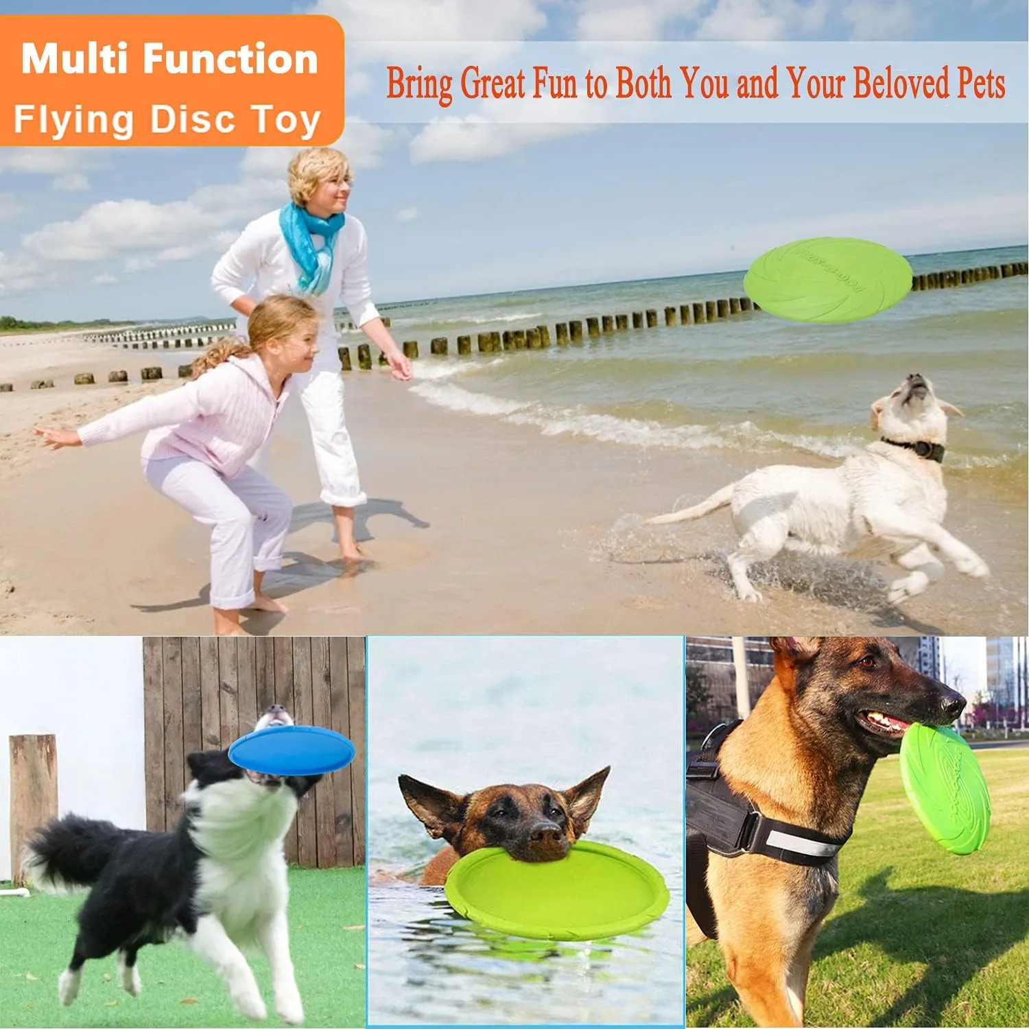 Flying Disc, 2 Pack Flyer Toy for Small Large Dogs - Soft Rubber Interactive Disc, Floats in Water & Safe on Teeth, 7.2 Inch, Blue & Green