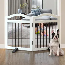 Foldable Freestanding Indoor Dog Gate for Doorways Wooden White Pet Gate for The House Dog Fence with Support Feet Included for Stairs,Hallways 24" Height 2 Panels