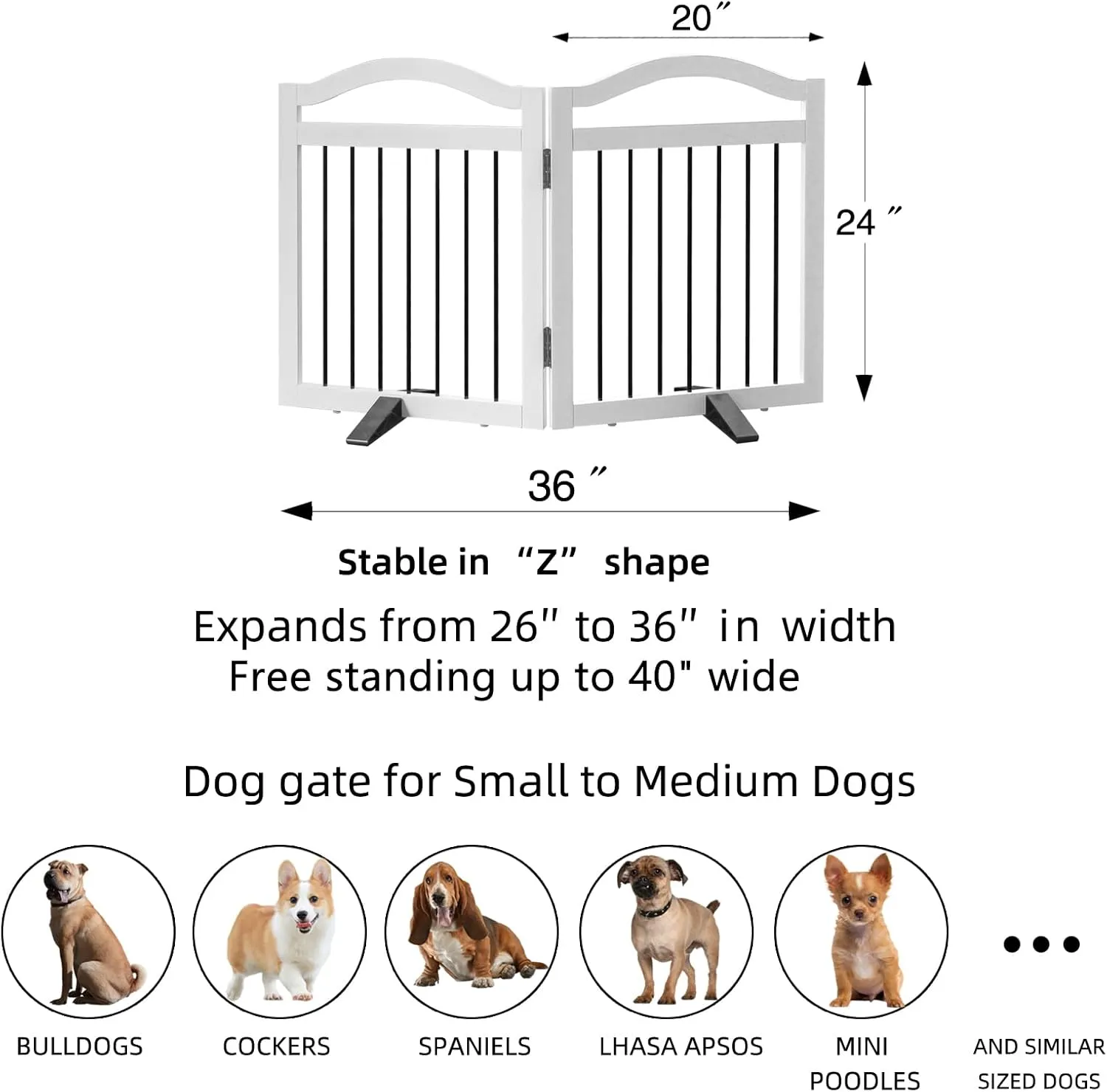 Foldable Freestanding Indoor Dog Gate for Doorways Wooden White Pet Gate for The House Dog Fence with Support Feet Included for Stairs,Hallways 24" Height 2 Panels