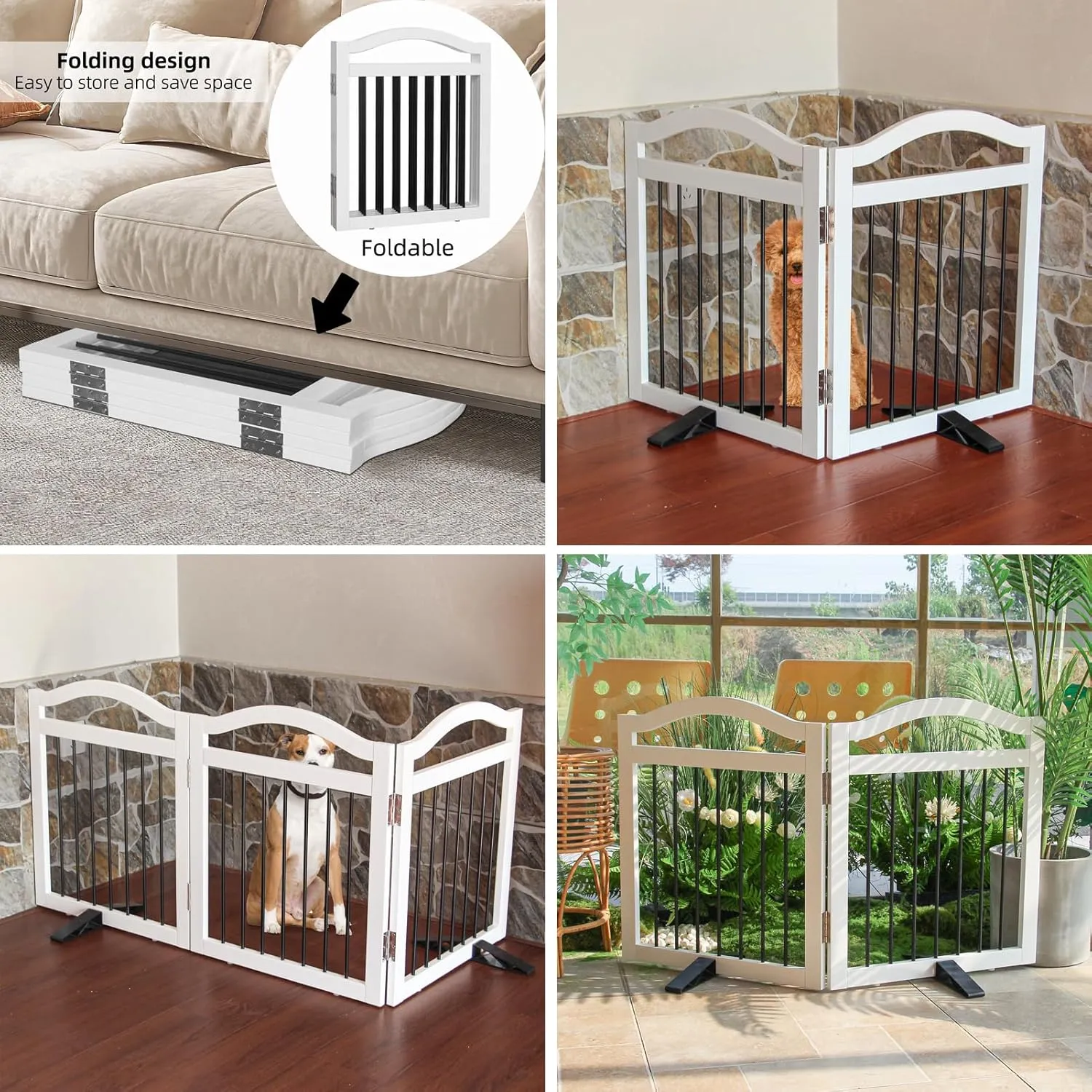 Foldable Freestanding Indoor Dog Gate for Doorways Wooden White Pet Gate for The House Dog Fence with Support Feet Included for Stairs,Hallways 24" Height 2 Panels