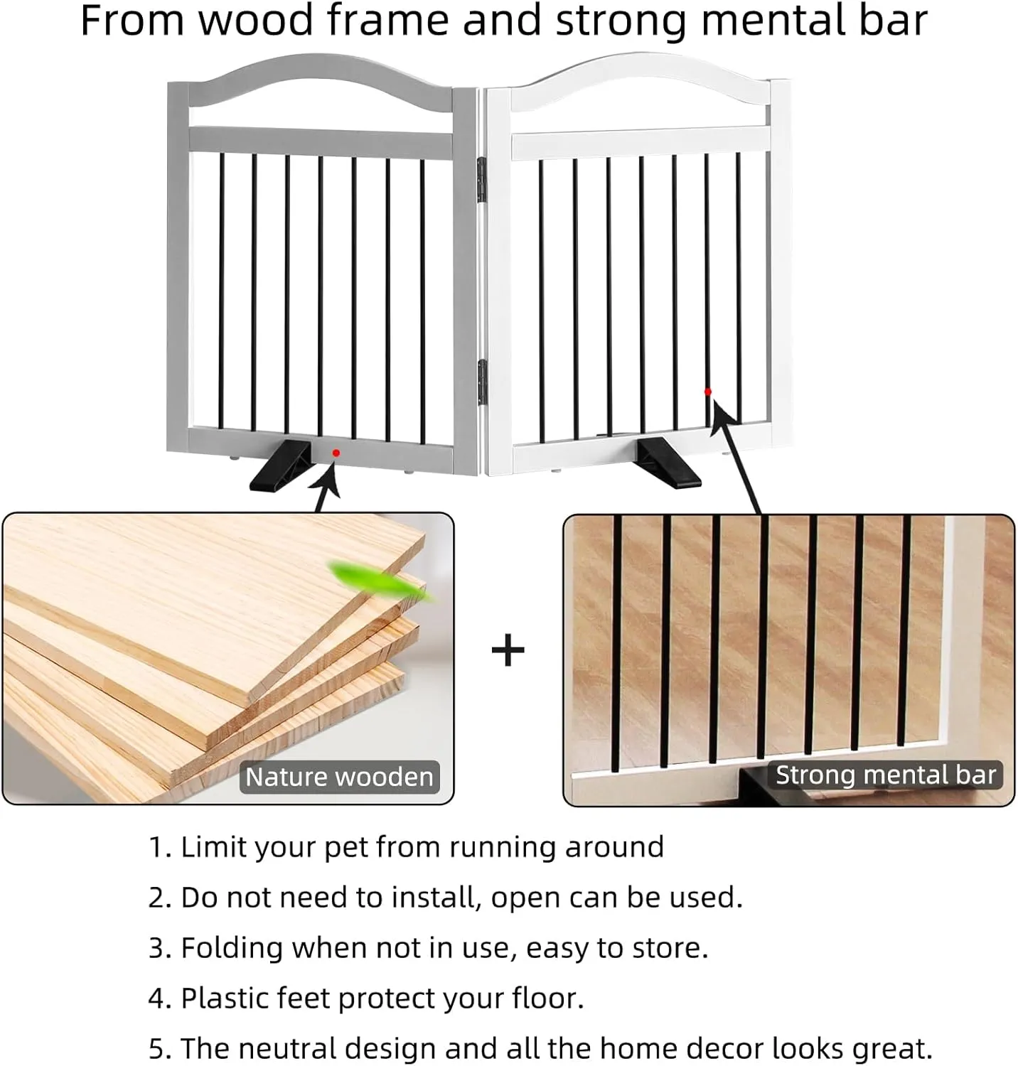 Foldable Freestanding Indoor Dog Gate for Doorways Wooden White Pet Gate for The House Dog Fence with Support Feet Included for Stairs,Hallways 24" Height 2 Panels