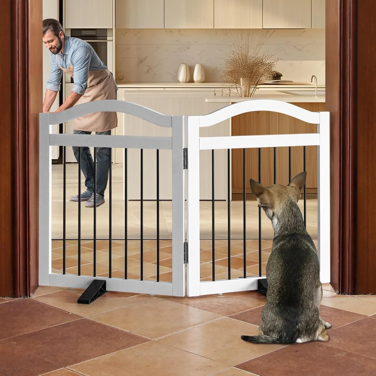 Foldable Freestanding Indoor Dog Gate for Doorways Wooden White Pet Gate for The House Dog Fence with Support Feet Included for Stairs,Hallways 24" Height 2 Panels