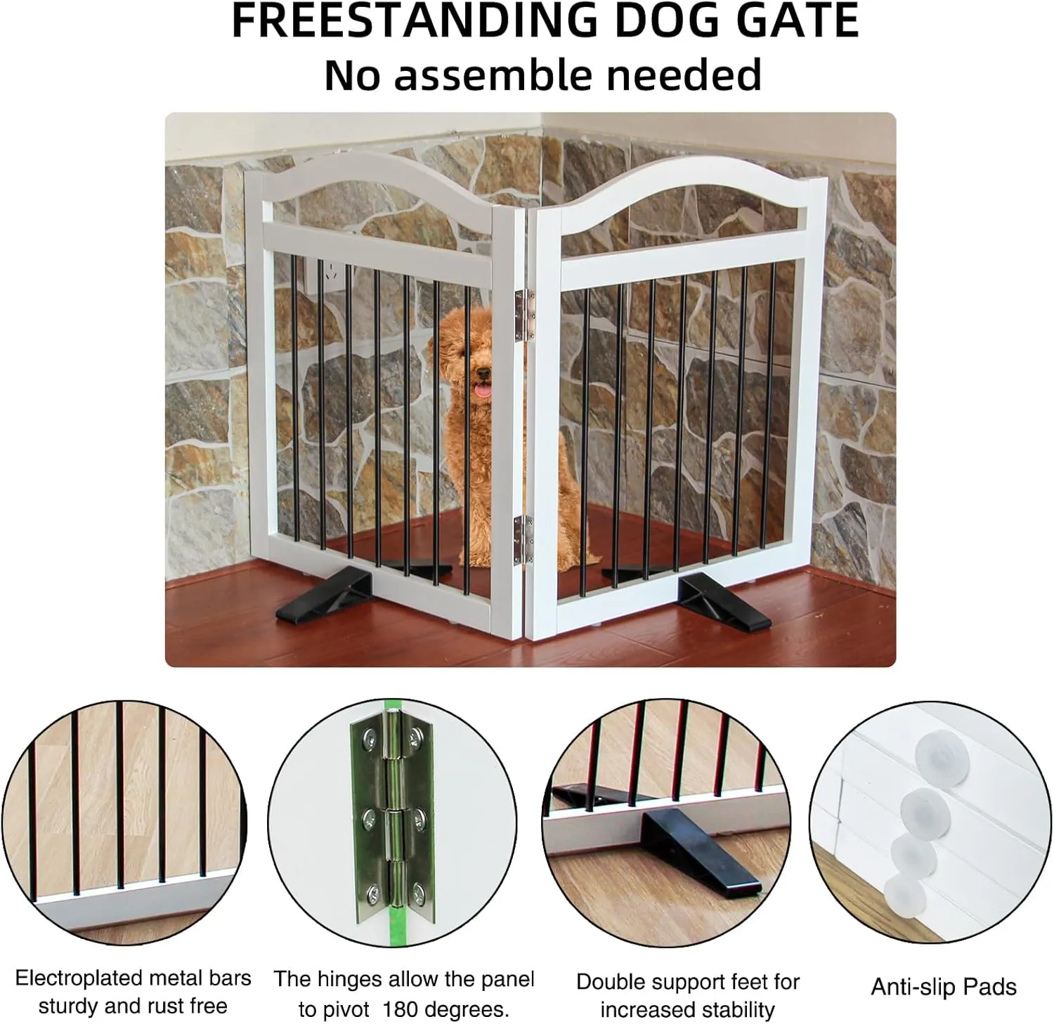 Foldable Freestanding Indoor Dog Gate for Doorways Wooden White Pet Gate for The House Dog Fence with Support Feet Included for Stairs,Hallways 24" Height 2 Panels