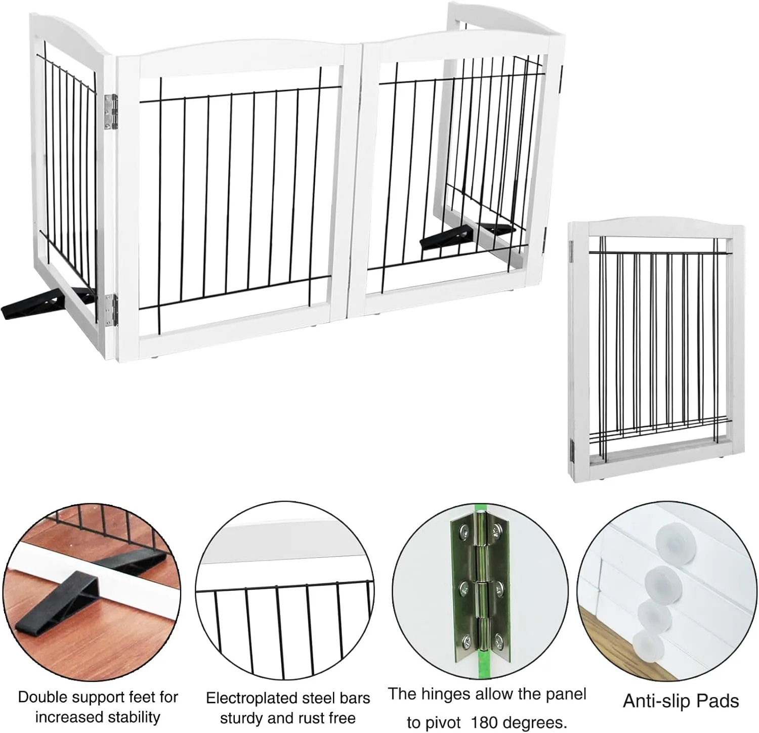 Freestanding Dog Gate - 4-Panel Retractable Foldable Expandable Wooden Pet Gate for Doorways, Hallways, Stairs - 80x24-Inch (White)