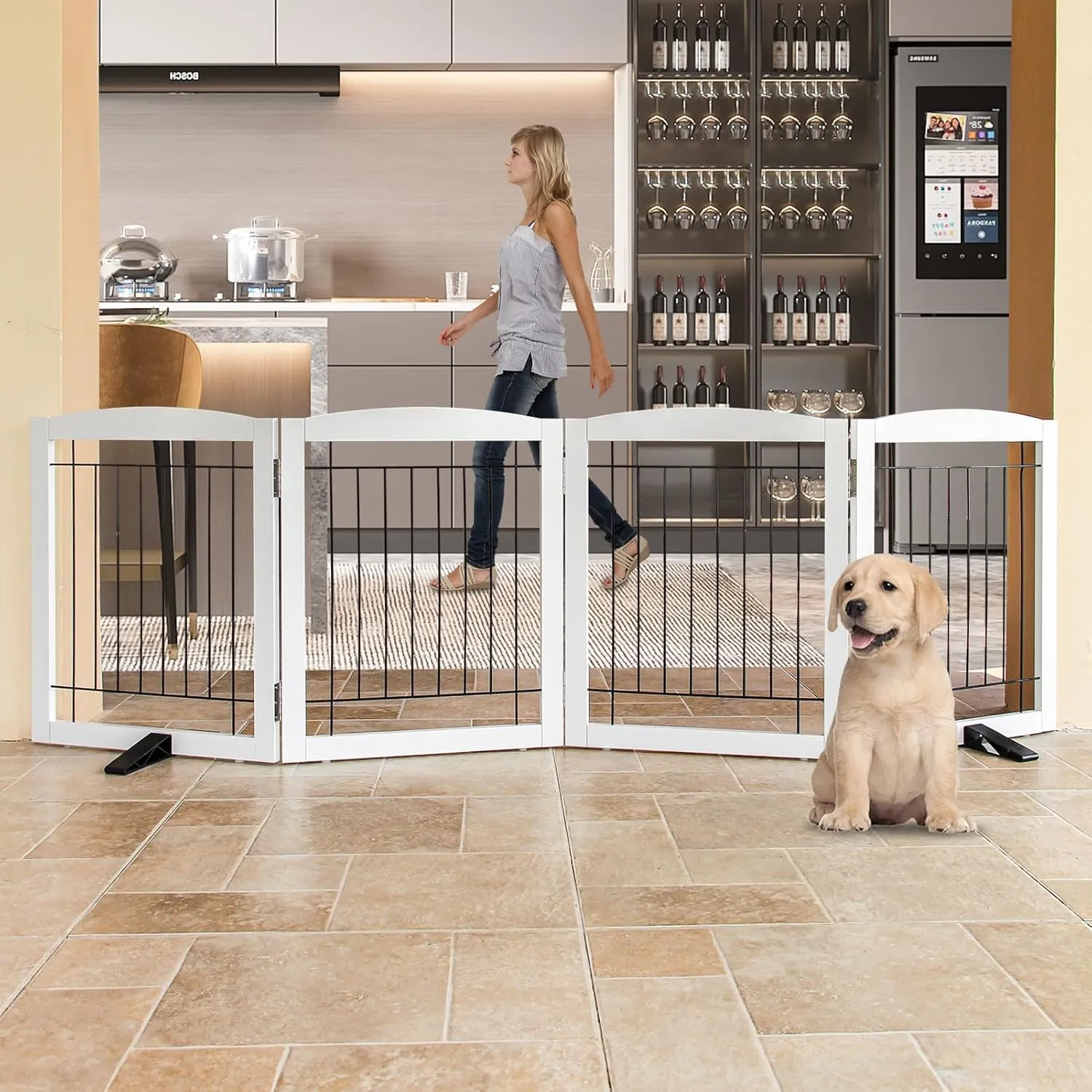 Freestanding Dog Gate - 4-Panel Retractable Foldable Expandable Wooden Pet Gate for Doorways, Hallways, Stairs - 80x24-Inch (White)