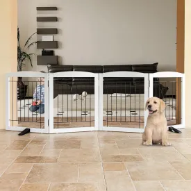 Freestanding Dog Gate - 4-Panel Retractable Foldable Expandable Wooden Pet Gate for Doorways, Hallways, Stairs - 80x24-Inch (White)