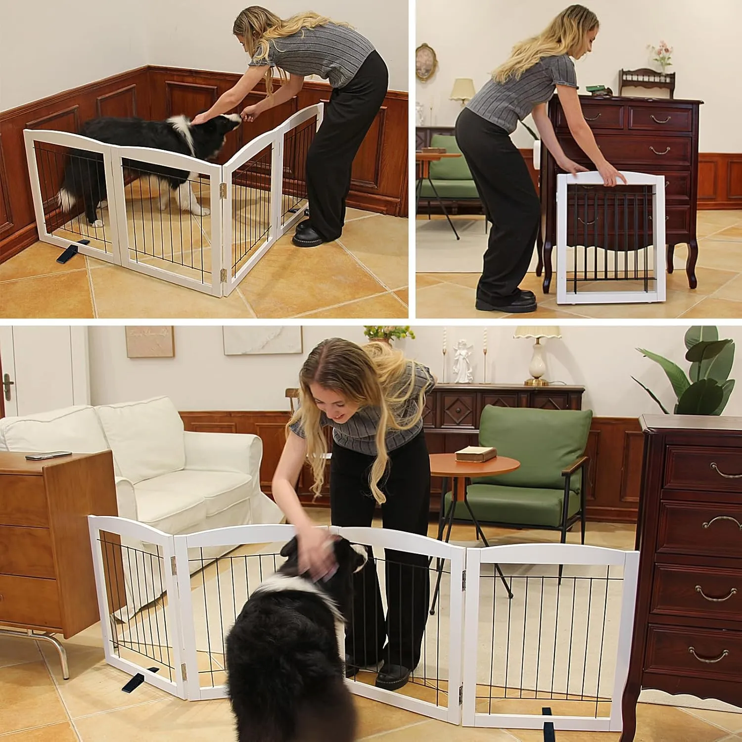 Freestanding Dog Gate - 4-Panel Retractable Foldable Expandable Wooden Pet Gate for Doorways, Hallways, Stairs - 80x24-Inch (White)