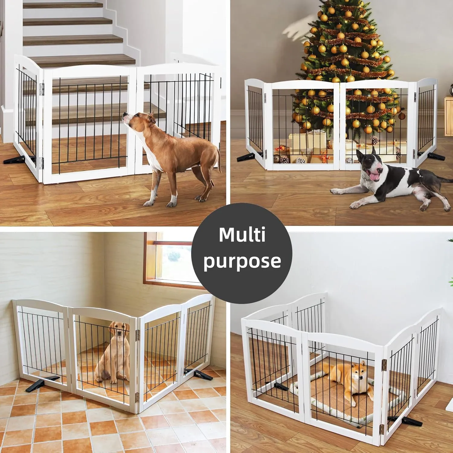 Freestanding Dog Gate - 4-Panel Retractable Foldable Expandable Wooden Pet Gate for Doorways, Hallways, Stairs - 80x24-Inch (White)